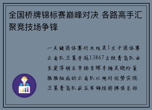 全国桥牌锦标赛巅峰对决 各路高手汇聚竞技场争锋